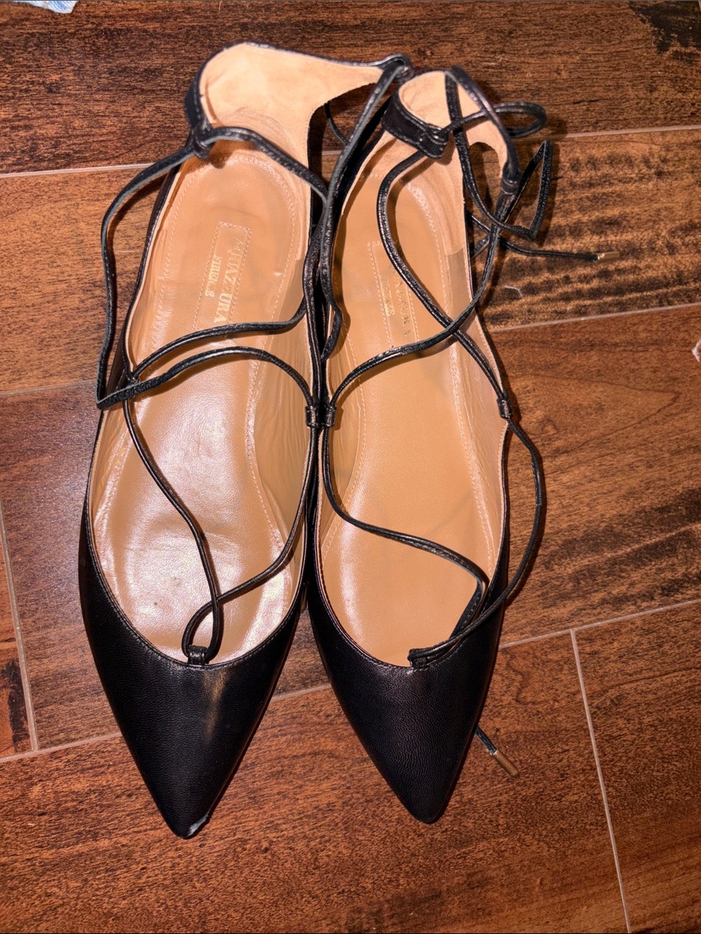 Aquazzura Black Pointed Lace-Up Flats with Tan Insole